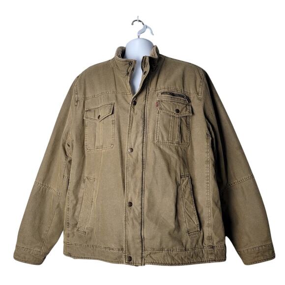 Levi's Sherpa Lined Utility Jacket Men's XL Khaki Green Canvas Zip Outdoor Coat - Picture 1 of 14